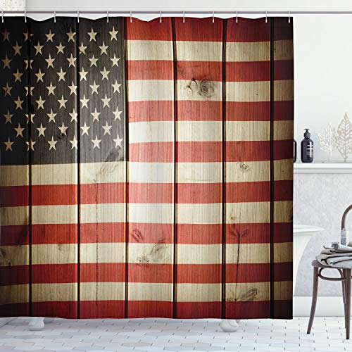 ABAKUHAUS Amerikanische Flagge Duschvorhang, Holz Design Flagge, Stoffliches Gewebe Badezimmerdekorationsset mit Haken, 175 x 200 cm, Blau Rot von ABAKUHAUS
