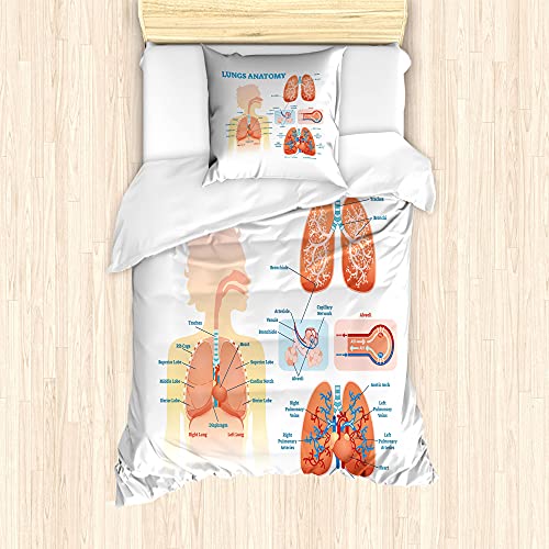 ABAKUHAUS Anatomie Bettbezug Set für Einzelbetten, Lungs Strukturbiologie, Milbensicher Allergiker geeignet mit Kissenbezug, 135 cm x 200 cm - 80 x 80 cm, Blasse Pfirsich-Baby Blue von ABAKUHAUS