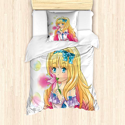 ABAKUHAUS Anime Bettbezug Set für Einzelbetten, Manga Cartoon-Grafik, Milbensicher Allergiker geeignet mit Kissenbezug, rosa Gelb von ABAKUHAUS