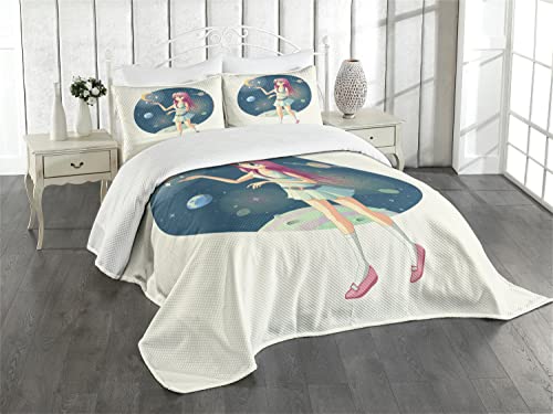 ABAKUHAUS Anime Tagesdecke Set, Mädchen mit Sternen im Raum, Set mit Kissenbezügen Sommerdecke, für Einzelbetten 170 x 220 cm, Blaugrau Beige von ABAKUHAUS