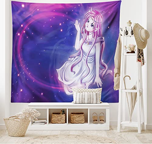 ABAKUHAUS Anime Wandteppich, Lila Anime Sitzen im Thema der Tierkreis Astrologie Horoskop Zeichen Kunstdruck, aus Weiches Mikrofaser Stoff Wand Dekoration Für Schlafzimmer, 150 x 110 cm, Violett Blau von ABAKUHAUS