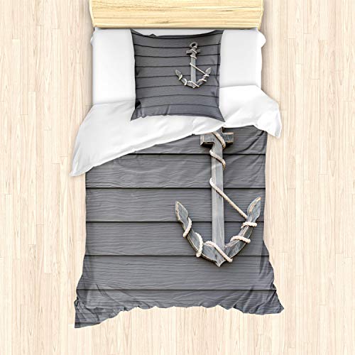 ABAKUHAUS Anker Bettbezug Set für Einzelbetten, Antike Wand Navy Natur, Milbensicher Allergiker geeignet mit Kissenbezug, Grau von ABAKUHAUS