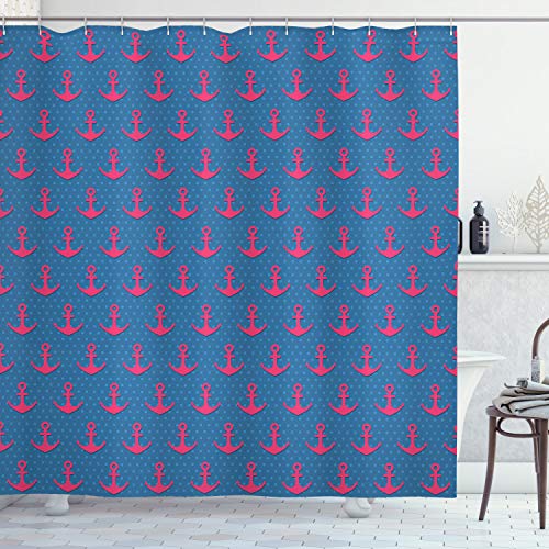 ABAKUHAUS Anker Duschvorhang, Rosa auf Blau punktiert, Stoffliches Gewebe Badezimmerdekorationsset mit Haken, 175 x 200 cm, Magenta Violet Blue von ABAKUHAUS