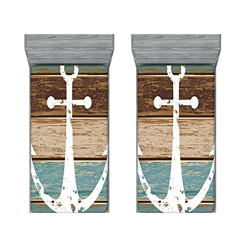 ABAKUHAUS Anker Spannbettlaken-Set, Grunge Meeresholzbrett, Bettbezug mit Rundum-Gummizug tiefer Einschub 2 Stück, 90cm x 200cm, Braun Türkis von ABAKUHAUS