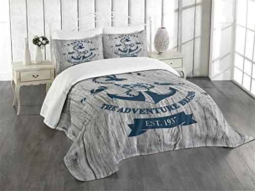 ABAKUHAUS Anker Tagesdecke Set, Anker Schädel Meer Seil, Set mit Kissenbezügen Feste Farben, für Doppelbetten 264 x 220 cm, Marineblau Beige von ABAKUHAUS