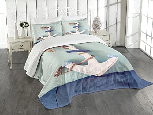 ABAKUHAUS Anker Tagesdecke Set, Anker und Seil-Motiv, Set mit Kissenbezug farbfester Digitaldruck, für Einzelbetten 170 x 220 cm, Hellgrün Blau von ABAKUHAUS