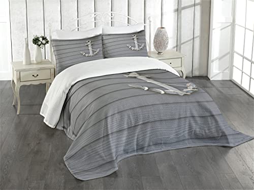 ABAKUHAUS Anker Tagesdecke Set, Antike Wand Navy Natur, Set mit Kissenbezug Maschienenwaschbar, für Einzelbetten 170 x 220 cm, Grau Schwarz von ABAKUHAUS