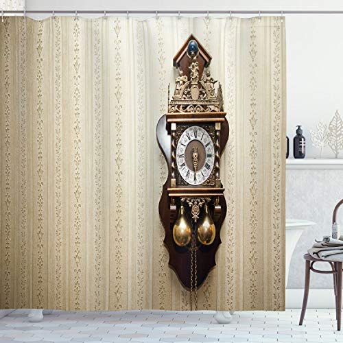 ABAKUHAUS Antiquität Duschvorhang, Holz Wand Schnitzen Uhr, Stoffliches Gewebe Badezimmerdekorationsset mit Haken, 175 x 200 cm, Brown und Tan von ABAKUHAUS