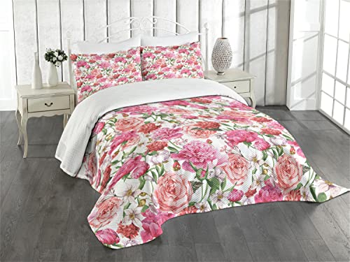 ABAKUHAUS Aquarell-Blumen Tagesdecke Set, Pfingstrosen und Rosen, Set mit Kissenbezügen Weicher Stoff, für Doppelbetten 220 x 220 cm, Weiß Rosa Rot von ABAKUHAUS