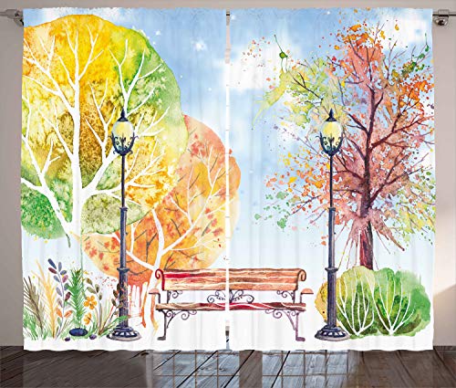 ABAKUHAUS Aquarell Rustikaler Vorhang, Herbst-Park-Baum-Laterne, Wohnzimmer Universalband Gardinen mit Schlaufen und Haken, 280 x 225 cm, Blau Gelb von ABAKUHAUS