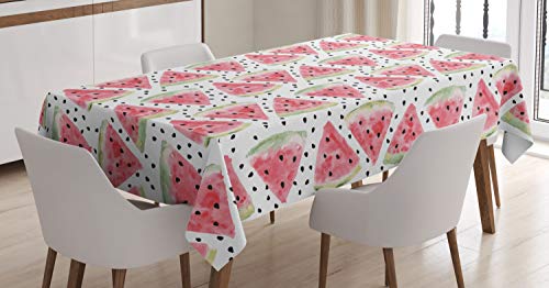 ABAKUHAUS Aquarell Tischdecke, Stücke von Wassermelone, Schmutzabweisend Pflegeleicht Waschbar Druck Mit Klaren Farben ohne Verblassen, 140 x 170 cm, Hellgrün Schwarz Korallenrot von ABAKUHAUS