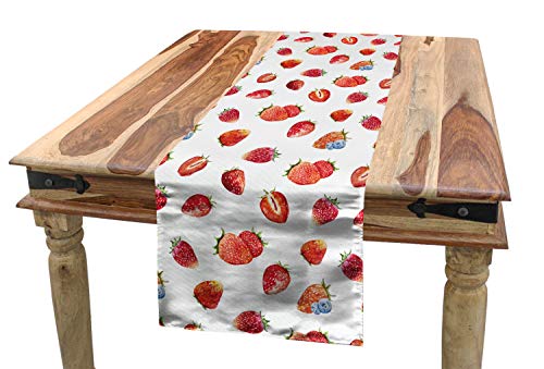 ABAKUHAUS Aquarell Tischläufer, Strawberry Blueberry, Esszimmer Küche Rechteckiger Dekorativer Tischläufer, 40 x 180 cm, Blaugrau Zinnoberrot Grün von ABAKUHAUS