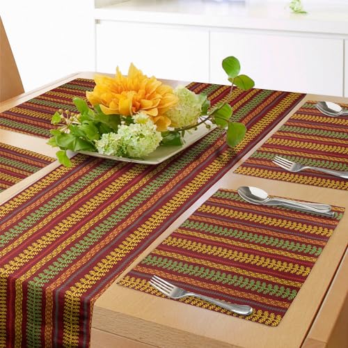 ABAKUHAUS Arabisch Tischläufer & 4 Stück Tischsets, Arabisch Orientale Asiatischer Bemalung Vertikale Linien Farb Voller Druck, Tischdeko-Set, 180 x 40 cm, Bordeauxrot Braun Gelb von ABAKUHAUS