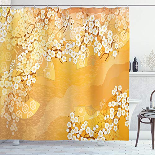 ABAKUHAUS Asiatisch Duschvorhang, Blüten, Stoffliches Gewebe Badezimmerdekorationsset mit Haken, 175 x 180 cm, Ringelblume Creme von ABAKUHAUS