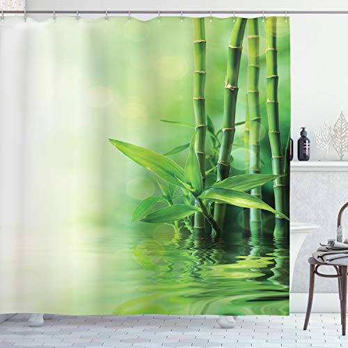 ABAKUHAUS Asiatisch Duschvorhang, Spa Bambusse Bäume, Stoffliches Gewebe Badezimmerdekorationsset mit Haken, 175 x 240 cm, Grün Blassgelb von ABAKUHAUS