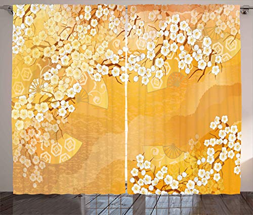 ABAKUHAUS Asiatisch Rustikaler Vorhang, Blüten, Wohnzimmer Universalband Gardinen mit Schlaufen und Haken, 280 x 225 cm, Ringelblume Creme von ABAKUHAUS