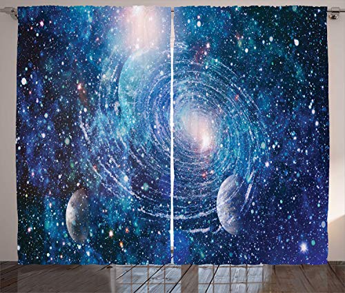 ABAKUHAUS Astral Rustikaler Gardine, Nebula Helix mit Planeten, Schlafzimmer Kräuselband Vorhang mit Schlaufen und Haken, 280 x 225 cm, Mehrfarbig Blau von ABAKUHAUS