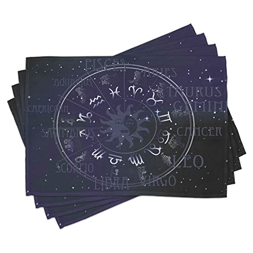 ABAKUHAUS Astrologie Platzmatten, Horoskop-Sternzeichen in Kreis-Rad-Form auf Star Seem Backdrop Print, Tiscjdeco aus Farbfesten Stoff für das Esszimmer und Küch, Dunkelblau und Weiß von ABAKUHAUS