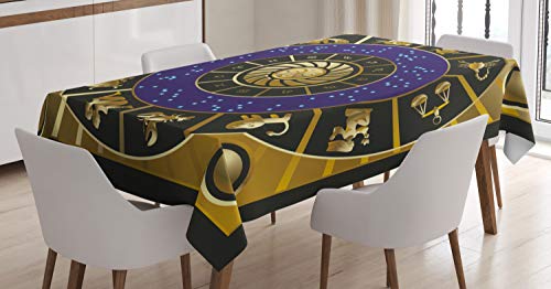 ABAKUHAUS Astrologie Tischdecke, Tierkreis-Horoskop-Kunst, Pflegeleicht mit Modernster Druck Technologie Waschbar und Personalisiert, 140 x 170 cm, Schwarz Gold Blau von ABAKUHAUS