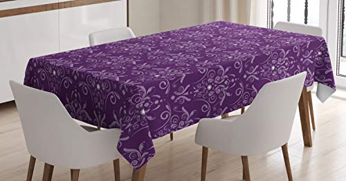 ABAKUHAUS Aubergine Tischdecke, Damast-Blätter Curls, Pflegeleicht Waschbar Schmutzabweisend und mit Klaren Farben Hochwertiger Druck, 140 x 240 cm, Lila von ABAKUHAUS