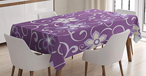 ABAKUHAUS Aubergine Tischdecke, Flieder mit Blättern, Personalisierter Druck mit Klaren Farben Waschbar Wasserfest kein Verblassen, 140 x 170 cm, Lila Weiß von ABAKUHAUS