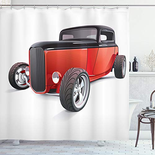 ABAKUHAUS Autos Duschvorhang, Nostalgische amerikanische Räder, Stoffliches Gewebe Badezimmerdekorationsset mit Haken, 175 x 240 cm, Rot Schwarz Weiß von ABAKUHAUS