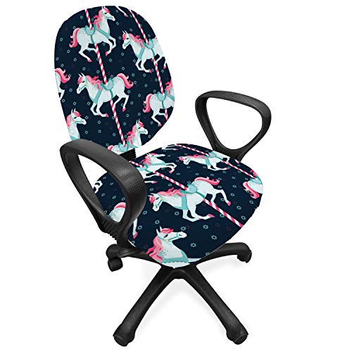 ABAKUHAUS Baby Bürostuhl Schonbezug, Karussell-Pferde Kinder, Dekorative Schutzhülle aus Stretchgewebe, Indigo Blassblau Rosa von ABAKUHAUS