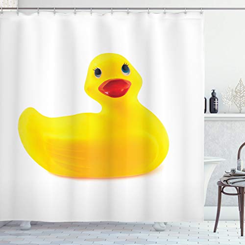 ABAKUHAUS Badeente Duschvorhang, Yellow Ducky, Stoffliches Gewebe Badezimmerdekorationsset mit Haken, 175 x 220 cm, Weiß und Gelb von ABAKUHAUS