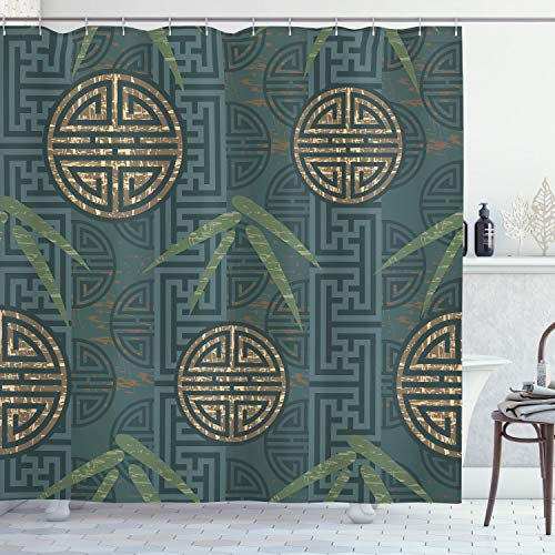 ABAKUHAUS Bambus Duschvorhang, Motive, Stoffliches Gewebe Badezimmerdekorationsset mit Haken, 175 x 200 cm, Teal Ivory Tan ABAKUHAUS Bambus Duschvorhang, Motive, Stoffliches Gewebe Badezimmerdekorationsset mit Haken, 175 x 200 cm, Teal Ivory Tan von ABAKUHAUS