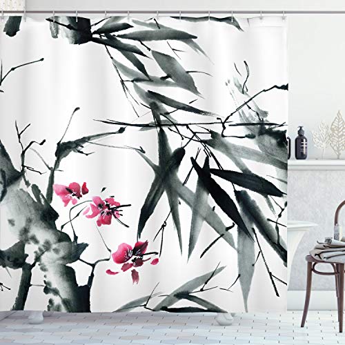 ABAKUHAUS Bambus Duschvorhang, Natural Spring Buds, Stoffliches Gewebe Badezimmerdekorationsset mit Haken, 175 x 240 cm, Dunkelgrün Purpurrot von ABAKUHAUS