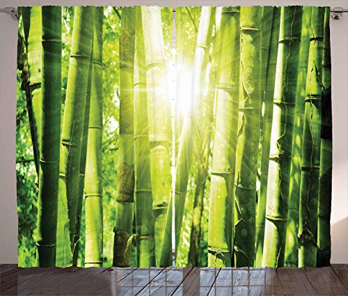 ABAKUHAUS Bambus Rustikaler Gardine, Sun-Strahlen in Wild Jungle, Schlafzimmer Kräuselband Vorhang mit Schlaufen und Haken, 280 x 260 cm, Lindgrün Gelb von ABAKUHAUS
