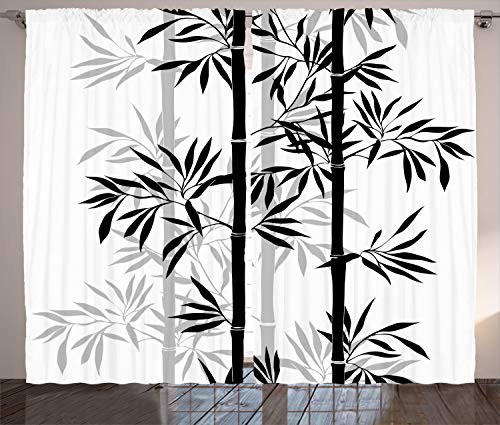 ABAKUHAUS Bambus Rustikaler Vorhang, Bambus-Baum-Blätter, Wohnzimmer Universalband Gardinen mit Schlaufen und Haken, 280 x 245 cm, Schwarz Weiß von ABAKUHAUS