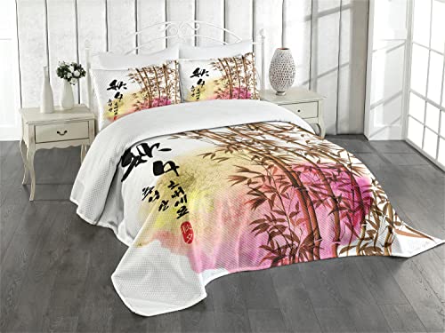 ABAKUHAUS Bambus Tagesdecke Set, Japanischer Bambus Asiatische, Set mit Kissenbezügen Ohne verblassen, für Doppelbetten 220 x 220 cm, Rosa Gelb von ABAKUHAUS