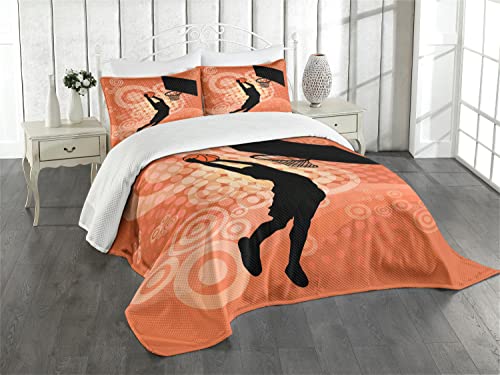 ABAKUHAUS Basketball Tagesdecke Set, Basketball Dunk Athlet, Set mit Kissenbezug Romantischer Stil, für Einzelbetten 170 x 220 cm, Blass orange schwarz von ABAKUHAUS