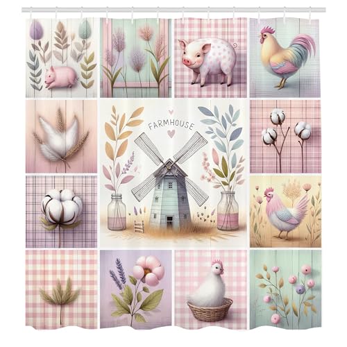 ABAKUHAUS Bauernhaus Duschvorhang, Bunte Pastell Cottagecore Musterblumen Schwein Hahn Huhn, Stoffliches Gewebe Badezimmerdekorationsset mit Haken, 175 x 200 cm, Flieder Rose Minzgrün ABAKUHAUS Bauernhaus Duschvorhang, Bunte Pastell Cottagecore Musterblumen Schwein Hahn Huhn, Stoffliches Gewebe Badezimmerdekorationsset mit Haken, 175 x 200 cm, Flieder Rose Minzgrün von ABAKUHAUS