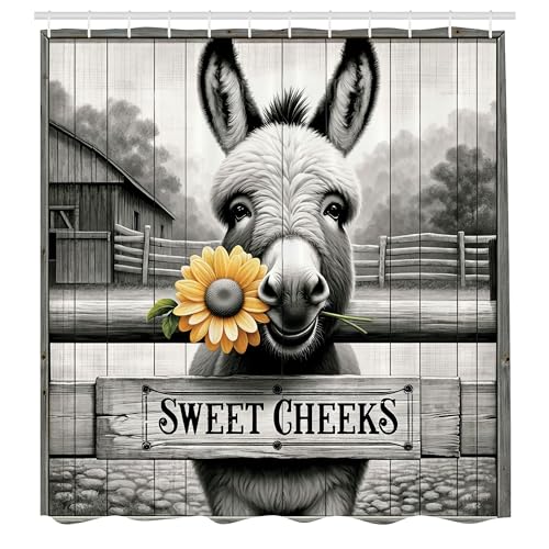 ABAKUHAUS Bauernhaus Duschvorhang, Lustiges Cottagecore Design Esel mit Einer Sonnenblume verspielte Wangen Spruch, Stoffliches Gewebe Badezimmerdekorationsset mit Haken, 175 x 200 cm, Grau Ockergelb ABAKUHAUS Bauernhaus Duschvorhang, Lustiges Cottagecore Design Esel mit Einer Sonnenblume verspielte Wangen Spruch, Stoffliches Gewebe Badezimmerdekorationsset mit Haken, 175 x 200 cm, Grau Ockergelb von ABAKUHAUS