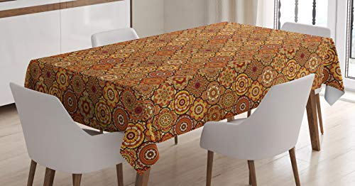 ABAKUHAUS marokkanisch Tischdecke, Blumenmotive Ottoman, Pflegeleicht Waschbar Schmutzabweisend und mit Klaren Farben Hochwertiger Druck, 140 x 200 cm, Orange Beige von ABAKUHAUS