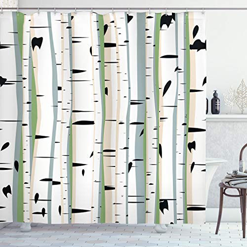 ABAKUHAUS Baum Duschvorhang, Stämme der Birken-Muster, Stoffliches Gewebe Badezimmerdekorationsset mit Haken, 175 x 220 cm, Mehrfarbig von ABAKUHAUS