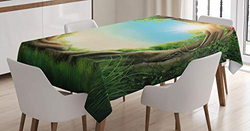 ABAKUHAUS Baum Tischdecke, Verzauberter Wald im Frühjahr, Pflegeleicht mit Modernster Druck Technologie Waschbar und Personalisiert, 140 x 200 cm, Kakao Grün Rosa von ABAKUHAUS