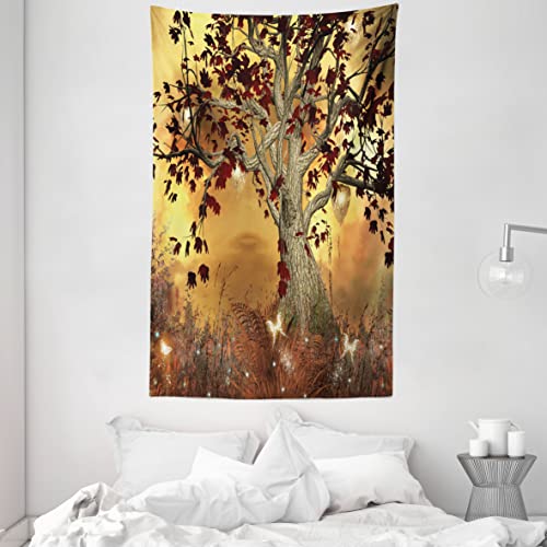 ABAKUHAUS Baum Wandteppich und Tagesdecke, Baum erdige Farbe Töne aus Weiches Mikrofaser Stoff Waschbar ohne Verblassen Digitaldruck, 140 x 230 cm, Amber Fawn Burgundy von ABAKUHAUS