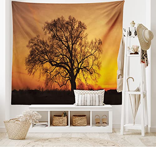 ABAKUHAUS Baum Wandteppich und Tagesdecke Baum Abbildung im Sonnenuntergang einsames emotionales Natur Fotographieaus Weiches Mikrofaser Stoff 230 x 140 cm Waschbar ohne Verblassen, Orange Braun von ABAKUHAUS