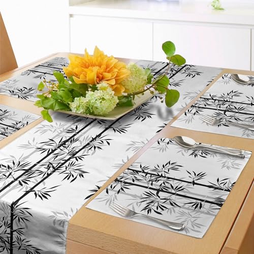 ABAKUHAUS Baum des Lebens Tischläufer & 4 Stück Tischsets, Monochrome Schlichte Design-Silhouetten von Baumblättern Japanisches Boho-Bild, Set für die Tischdekoration, 180 cm x 40 cm, Weiß von ABAKUHAUS