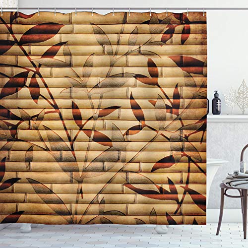 ABAKUHAUS Beige Duschvorhang, Bambus-Blätter Bohemian, Stoffliches Gewebe Badezimmerdekorationsset mit Haken, 175 x 240 cm, Brown Tan Beige von ABAKUHAUS