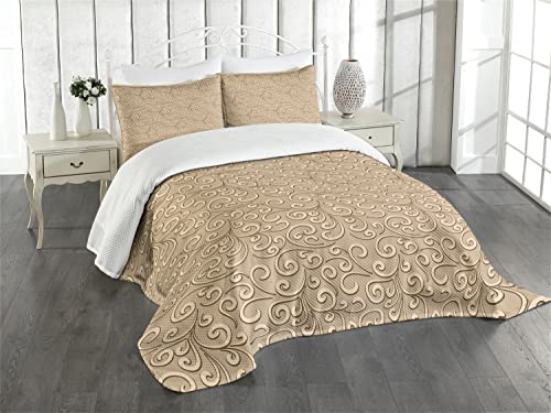 ABAKUHAUS Beige Tagesdecke Set, Damast-Blumen Victorian, Set mit Kissenbezügen Feste Farben, für Doppelbetten 264 x 220 cm, Beige von ABAKUHAUS