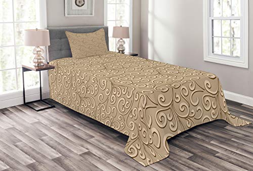 ABAKUHAUS Beige Tagesdecke Set, Damast-Blumen Victorian, Set mit Kissenbezug Feste Farben, für Einzelbetten 170 x 220 cm, Beige von ABAKUHAUS