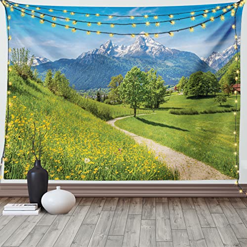 ABAKUHAUS Berg Wandteppich, Frühlingslandschaft in den Alpen, Wohnzimmer Schlafzimmer Heim Seidiges Satin Wandteppich, 200 x 150 cm, Blau Grün von ABAKUHAUS