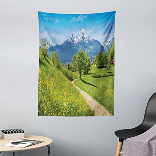 ABAKUHAUS Berg Wandteppich, Frühlingslandschaft in den Alpen aus Weiches Mikrofaser Stoff Waschbar ohne Verblassen Digitaldruck, 110 x 150 cm, Grün Blau von ABAKUHAUS