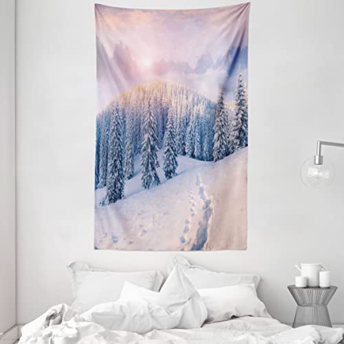 ABAKUHAUS Berg Wandteppich und Tagesdecke, Idyllische Wintermorgen aus Weiches Mikrofaser Stoff Waschbar ohne Verblassen Digitaldruck, 140 x 230 cm, Rosa und Weiß von ABAKUHAUS