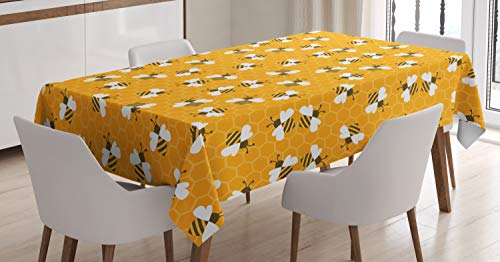 ABAKUHAUS Biene Tischdecke, Bienen Honig produzieren Zellen, Schmutzabweisend Pflegeleicht Waschbar Druck Mit Klaren Farben ohne Verblassen, 140 x 200 cm, Orange Weiß von ABAKUHAUS