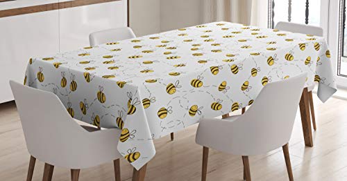ABAKUHAUS Biene Tischdecke, Einfache Doodle Fliegen Bee, Pflegeleicht Waschbar Schmutzabweisend und mit Klaren Farben Hochwertiger Druck, 140 x 170 cm, Gelb Weiß Braun von ABAKUHAUS
